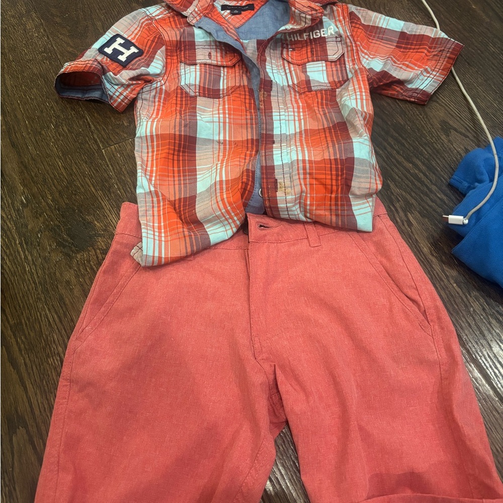 Tommy Hilfiger Plaid Shirt and Red Shorts Set